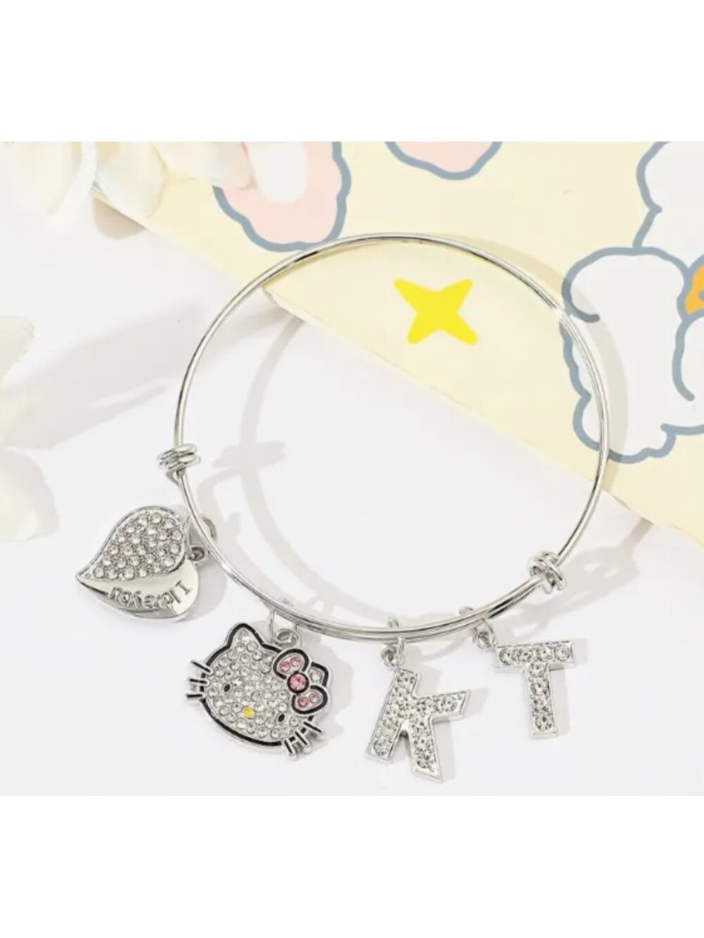 Hello Kitty Charm Bangle Bracelet Rhinestone Kitty Face, Initial Charms K & T